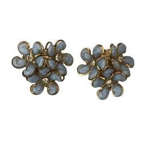 Vintage Flower Cluster Earrings Light Blue With Rhinestones Floral Clip On